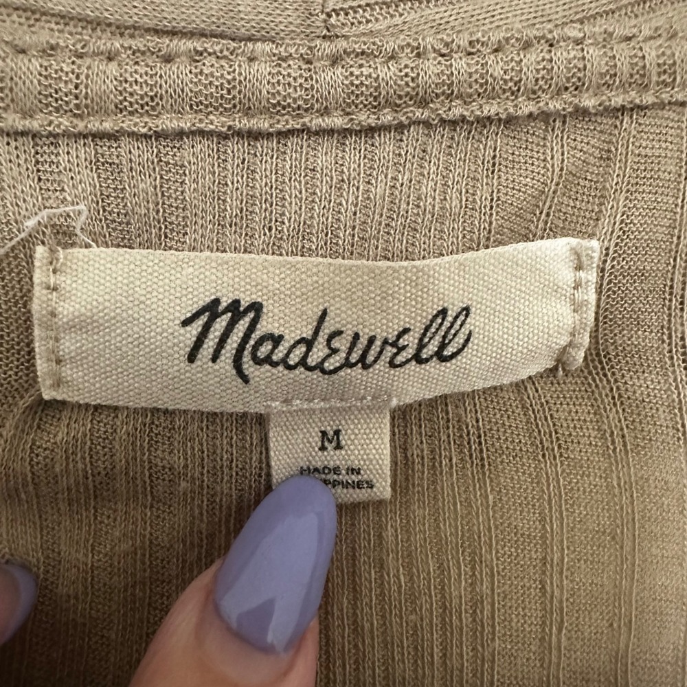 Madewell | Women's Tan Brown Long Sleeve Ribbed Knit Button Front Cropped Top, M - Picture 6 of 6